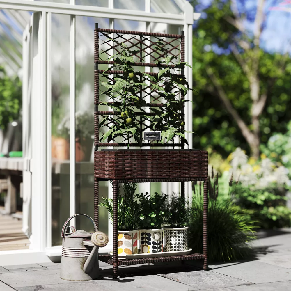 Rattan Pflanzenständer mit Rankgitter und Ablage